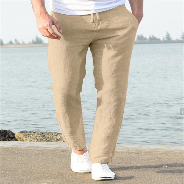 Men's Linen Summer Casual Pants - Comfortable Drawstring Trousers - Khaki - Men's Pants - Carvan Mart