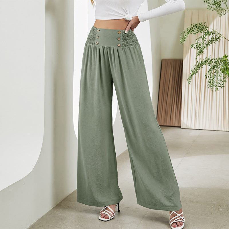 Chic Wide-Leg Pants for Women - High Waist Button Detail - Grey Green - Pants & Capris - Carvan Mart