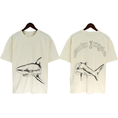 Shark Print Short Sleeve Trendy Men New Cotton T-shirt Cut Two Shark Loose T-shirt - Apricot - Men's Shirts - Carvan Mart