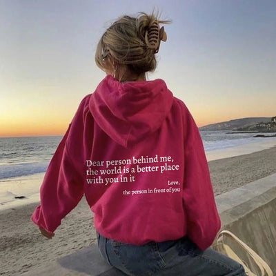 Women's Plush Letter Printed Hoodie - Kangaroo Pocket Drawstring Pullover - Red - Women's Hoodies & Sweatshirts - Carvan Mart