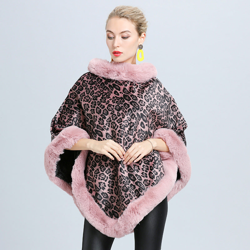 Women's Cloak Printed Fur Collar Pullover Shawl - Pink One Size - Women's Coats & Jackets - Carvan Mart