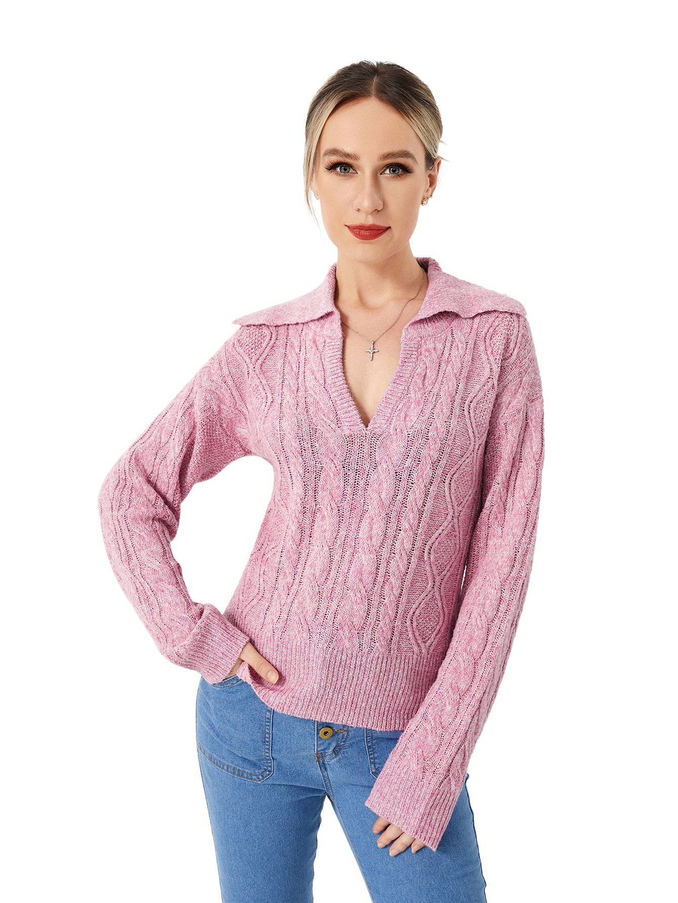 Women's Warm Casual Lapel Sweater - Pink - Sweaters - Carvan Mart