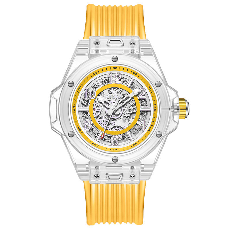 Men's Waterproof Transparent Automatic Mechanical Watch - White And Yellow Yellow Belt - Men's Watches - Carvan Mart