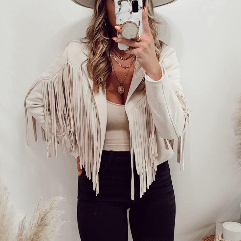 Women's Faux Suede Leather Fringe Jacket Motorcycle Moto Biker Short Open Front Tassel Coat - Carvan Mart