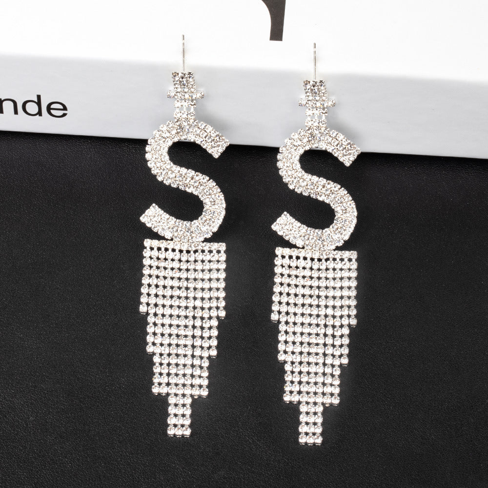 Fashion Jewelry 925 Silver Needle Ornaments Rhinestone Letter B Earrings Banquet Tassel Ear Ornaments Earrings - Carvan Mart