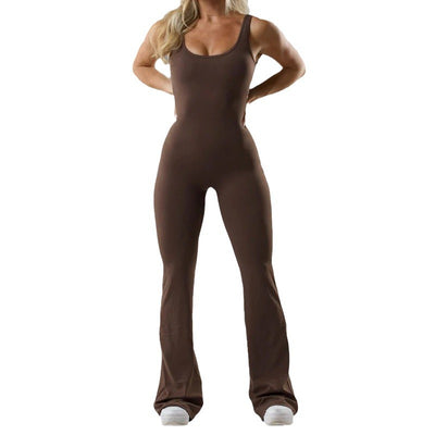 Women V-Back Flared Jumpsuit Bodysuit Casual Hollow Seamless Jumpsuit - - Jumpsuits & Rompers - Carvan Mart