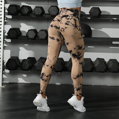 Tie Dye Printed Leggings High Waist Hip Lifting Tight Sports Women Yoga Pants - Black Brown - Leggings - Carvan Mart