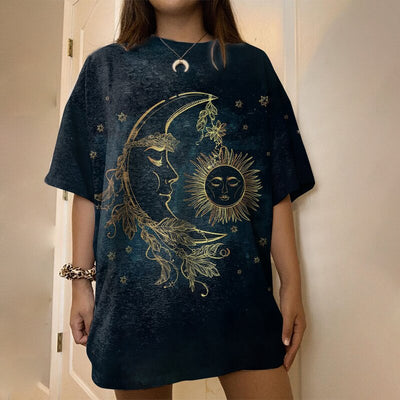 Women's Retro Shirt Sun And Moon Printed Short Sleeve T-shirt - Carvan Mart