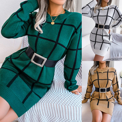 Women's Casual Dress Contrast Color Plaid Long Sleeve Base Sweater Dress - Carvan Mart