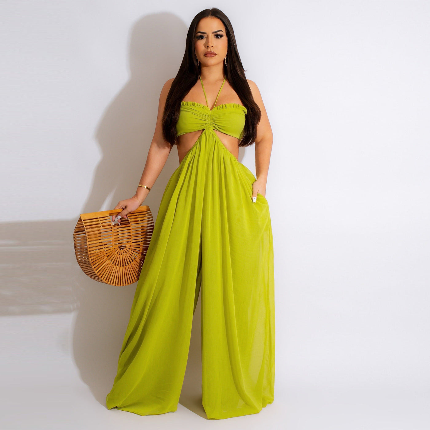 Women's Chiffon Chest Wrap Bare Back Wide Leg Jumpsuit - Fruit Green - Jumpsuits & Rompers - Carvan Mart