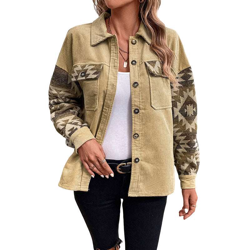 Fashion Print Stitching Lapel Women's Khaki Cotton Jacket - Carvan Mart