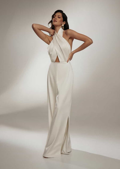 Elegant White Halter Jumpsuit for Women - Sexy Wide Leg Satin Romper with Slit Hem - - Jumpsuits & Rompers - Carvan Mart