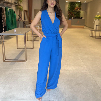 Sleeveless Culotte Jumpsuit Wide Leg Women's Jumpsuit - Blue - Jumpsuits & Rompers - Carvan Mart