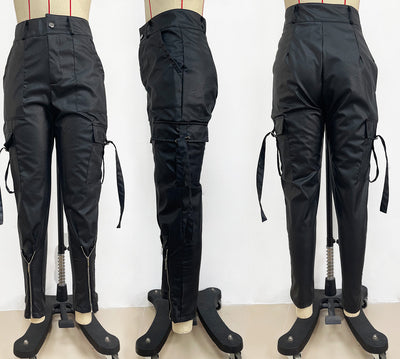High-Waisted Leather Cargo Pants - Trendy Slim Fit with Zipper Pockets - Carvan Mart