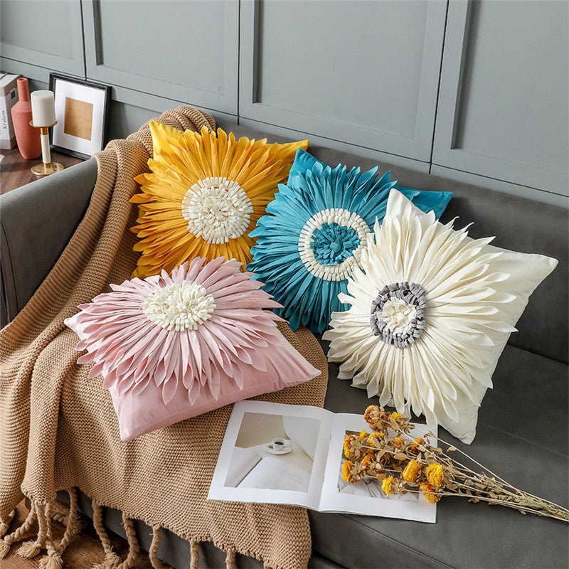 Fashion Modern Style White Throw Pillows Velvet Stitching 3D Chrysanthemum Cushion Waist Pillow Blue Cushion Case - Carvan Mart