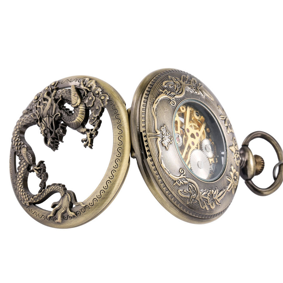 Retro Design Hollow Dragon Roman Literal Manual Manipulator Pocket Watch - Carvan Mart