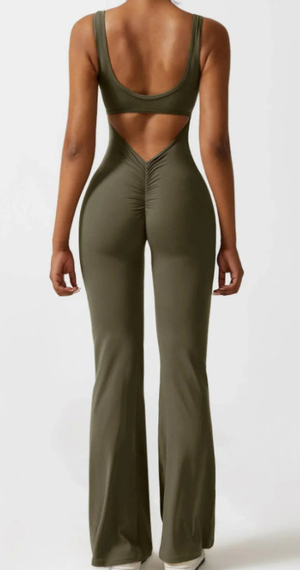 Women V-Back Flared Jumpsuit Bodysuit Casual Hollow Seamless Jumpsuit - Green - Jumpsuits & Rompers - Carvan Mart