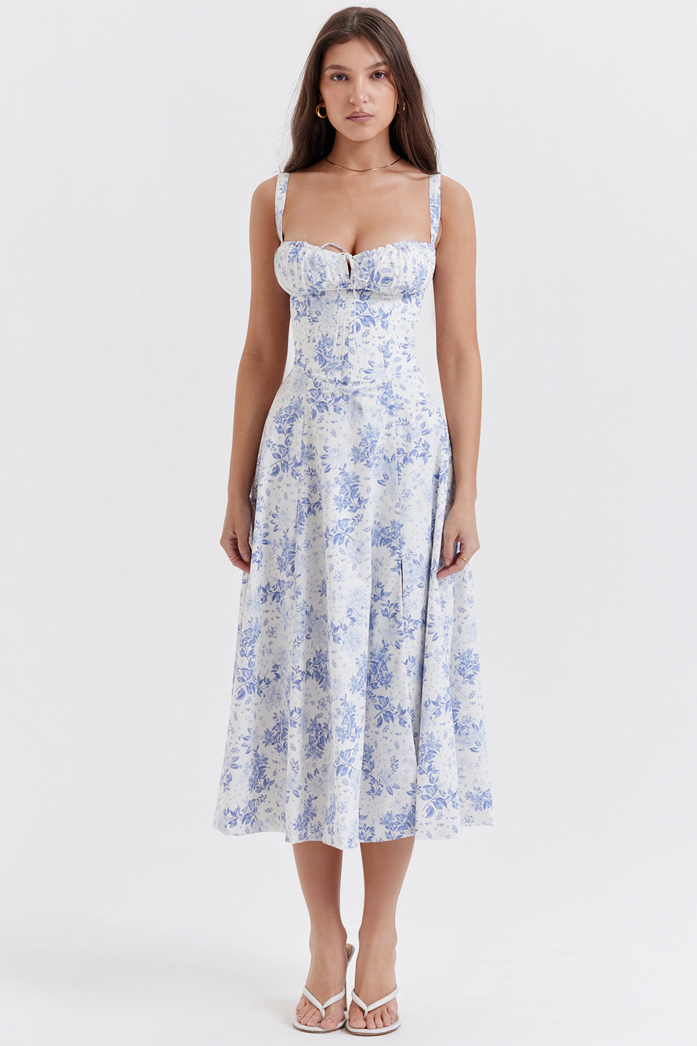 Commuter Temperament French High Split Party Dress - Blue flower on white - Dresses - Carvan Mart