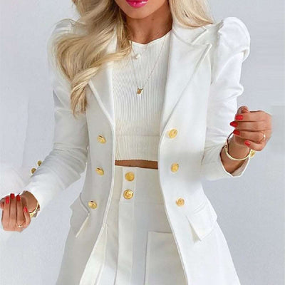 Blazers Two-piece Set, Casual Fashion Solid Loose Long Sleeve Blazers & Mini Skirt, Women's Clothing - - Suits & Sets - Carvan Mart