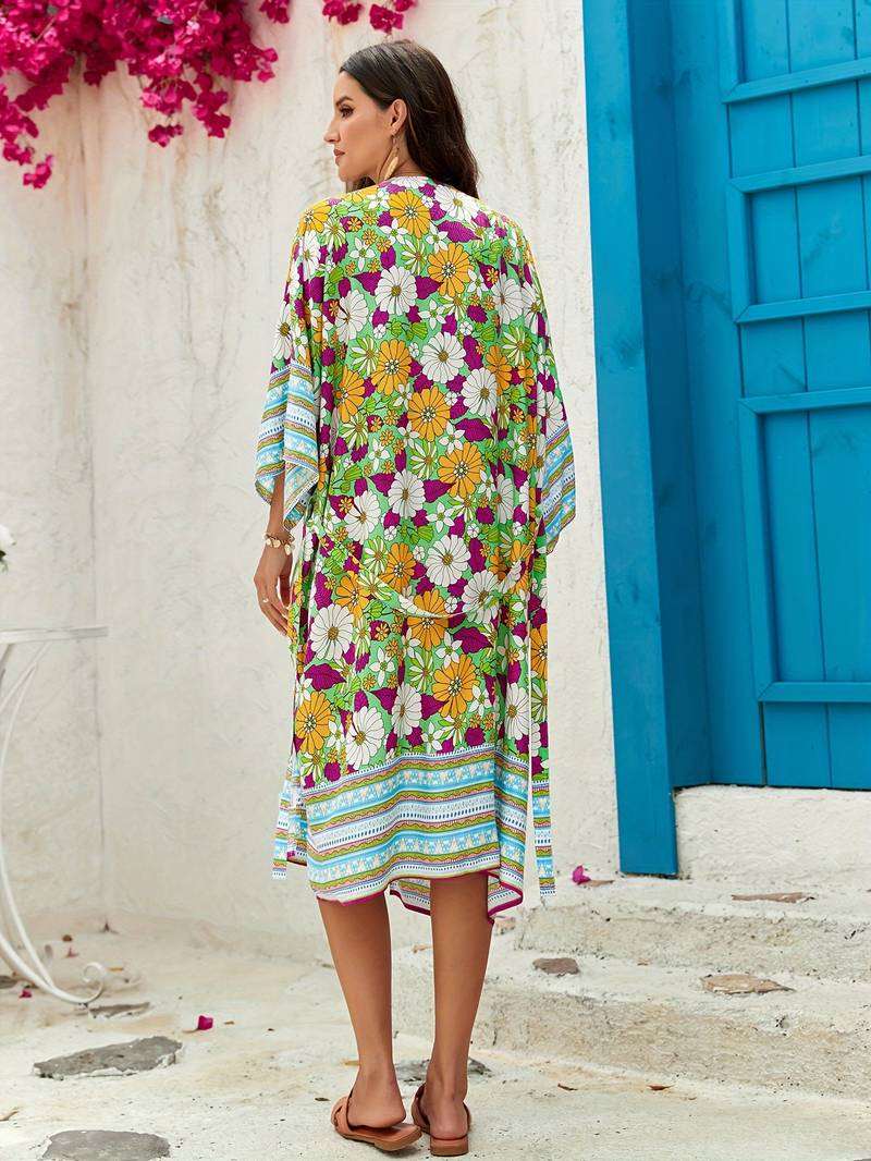 Bohemian Beach Dress Cover Up For Beach Floral Print Kimono Women Dress - - Dresses - Carvan Mart