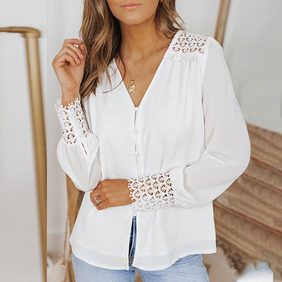 Solid Color Lace V-neck Single-breasted Shirt For Women - Carvan Mart