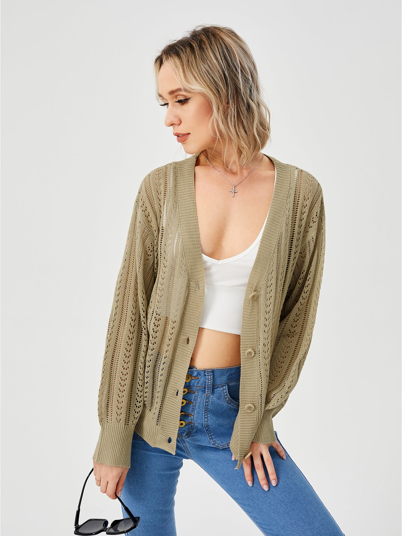 Women's Hollow Out Open Front Knit Lightweight Cardigan - - Winter Tops - Carvan Mart