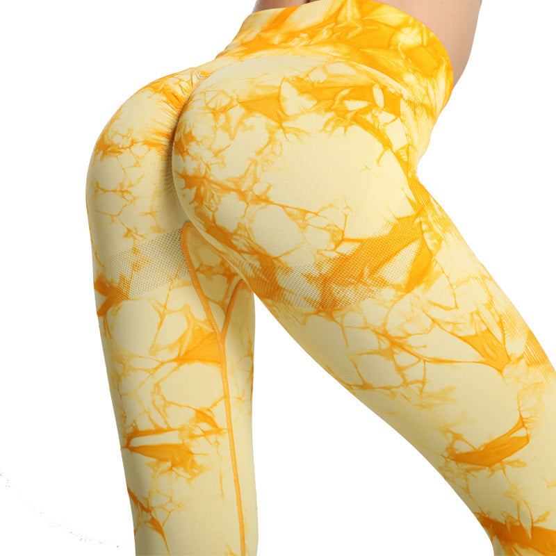 Tie Dye Printed Leggings High Waist Hip Lifting Tight Sports Women Yoga Pants - Yellow - Leggings - Carvan Mart