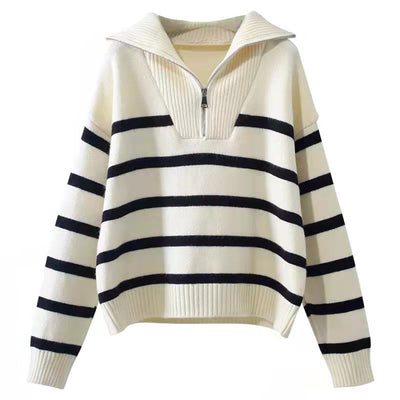 Korean Style Loose Fashion Zipper Striped Sweater - Carvan Mart