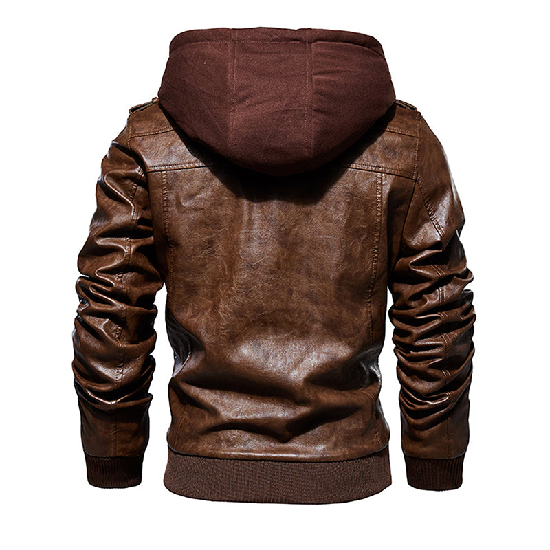 Men Hooded Leather Jacket Thick Motorcycle Windproof Casual Winter Jacket - Carvan Mart