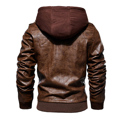 Men Hooded Leather Jacket Thick Motorcycle Windproof Casual Winter Jacket - - Genuine Leather - Carvan Mart