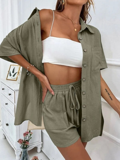 Solid Simple Two-piece Set, Elegant Short Sleeve Button Up Shirt & Drawstring Shorts Outfits, Women's Clothing - Army Green - Suits & Sets - Carvan Mart