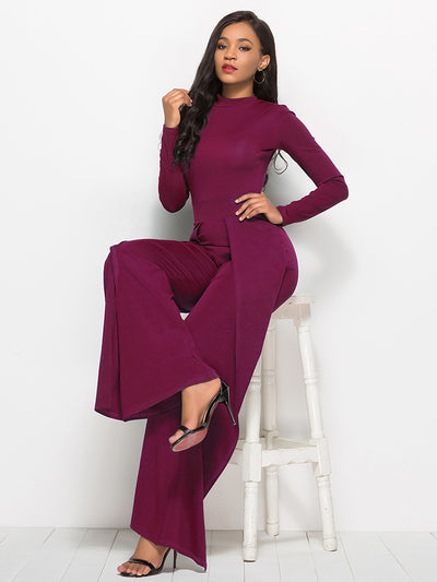 Palazzo Leg Elegant Jumpsuit Round Neck Long Sleeve Jumpsuit - Wine Red - Jumpsuits & Rompers - Carvan Mart