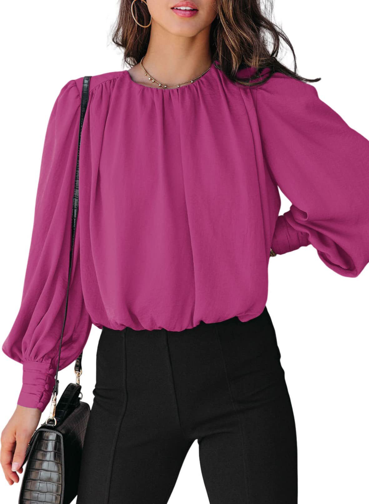 Women's Blouse Solid Color Round Neck Long Sleeve - Rose Red - Blouses & Shirts - Carvan Mart