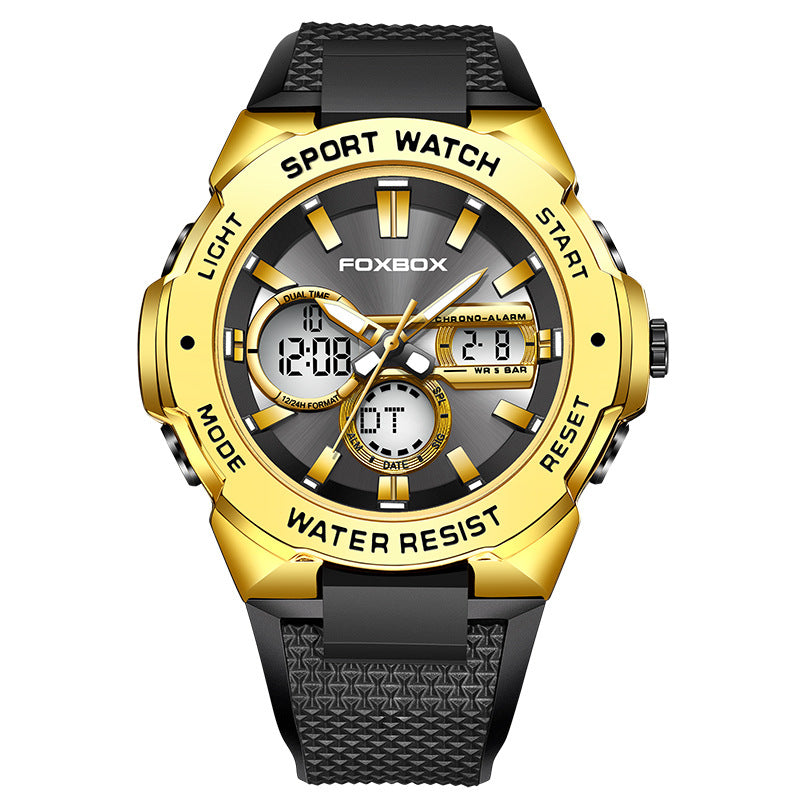 Double Display Multi-function Sports Men's Waterproof Luminous Quartz Watch - Gold Black - Men's Watches - Carvan Mart