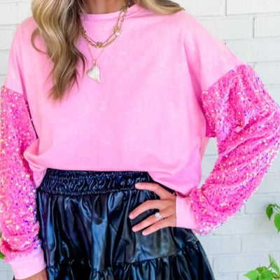 Sequined Contrast Color Long Sleeves Bottoming Shirt - pink - Sweaters - Carvan Mart