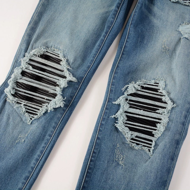 Patched Leather Pleats And Patchwork For Old Washed Light Colored Jeans For Men - Carvan Mart Ltd