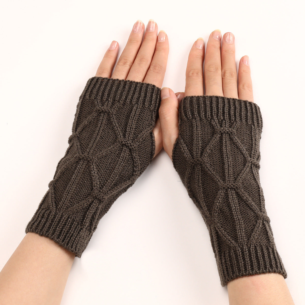 Rhombus Fashion Oversleeve Knitted Wool Keep Warm Half Finger Gloves - Carvan Mart