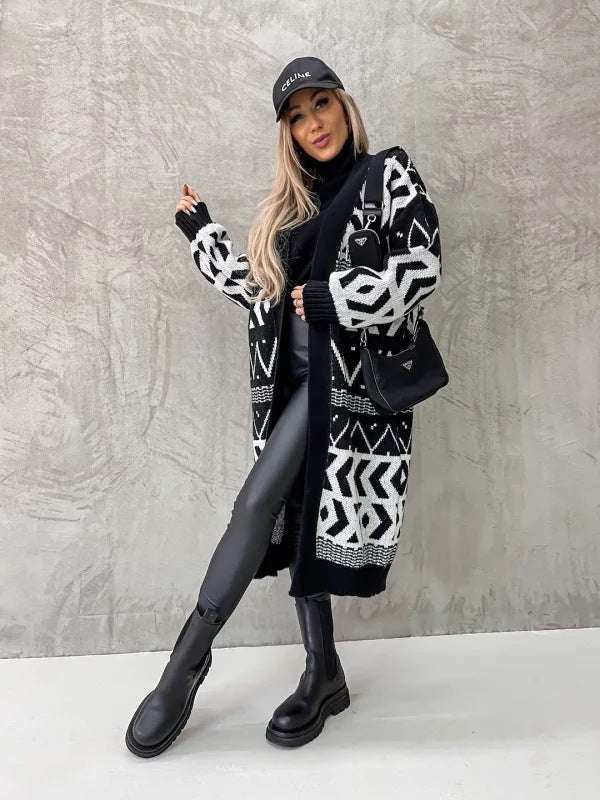 Trendy Long Black and White Cardigan Sweater for Women - Stylish Winter Knitwear - Black - Sweaters - Carvan Mart