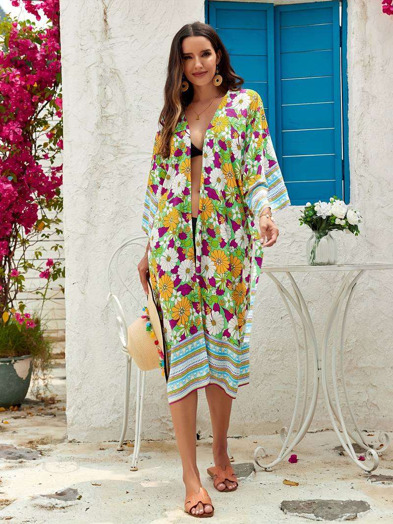 Bohemian Beach Dress Cover Up For Beach Floral Print Kimono Women Dress - Carvan Mart