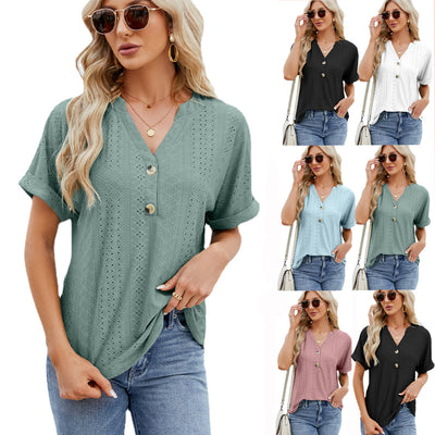 V-neck Rolled Hem Short Sleeve Top Summer Fashion Women Hollow T-shirt - Carvan Mart