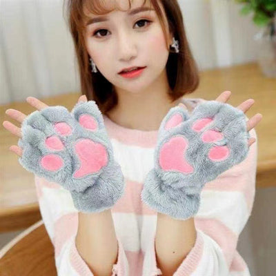 Plush Thickened Warm Plush Gloves Finger Cute Simple White Gloves - Half Finger Embroidered Gray - Women Gloves & Mittens - Carvan Mart