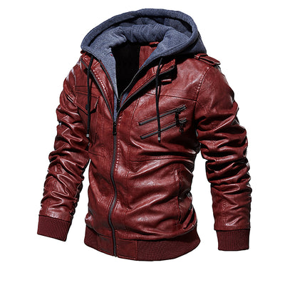 Men Hooded Leather Jacket Thick Motorcycle Windproof Casual Winter Jacket - - Genuine Leather - Carvan Mart