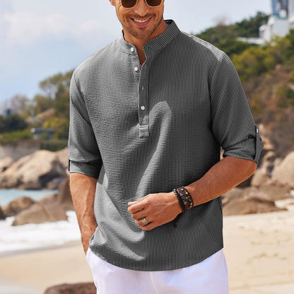 Men's Casual Shirt  Long Sleeve Stand Collar Solid Color Shirt Mens Clothing - Carvan Mart Ltd