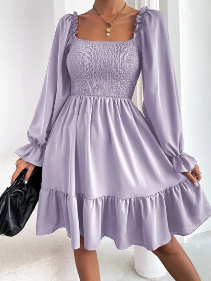 Flared Long Sleeve Dresses Women Square Neck Ruffled Swing Dress - Carvan Mart Ltd