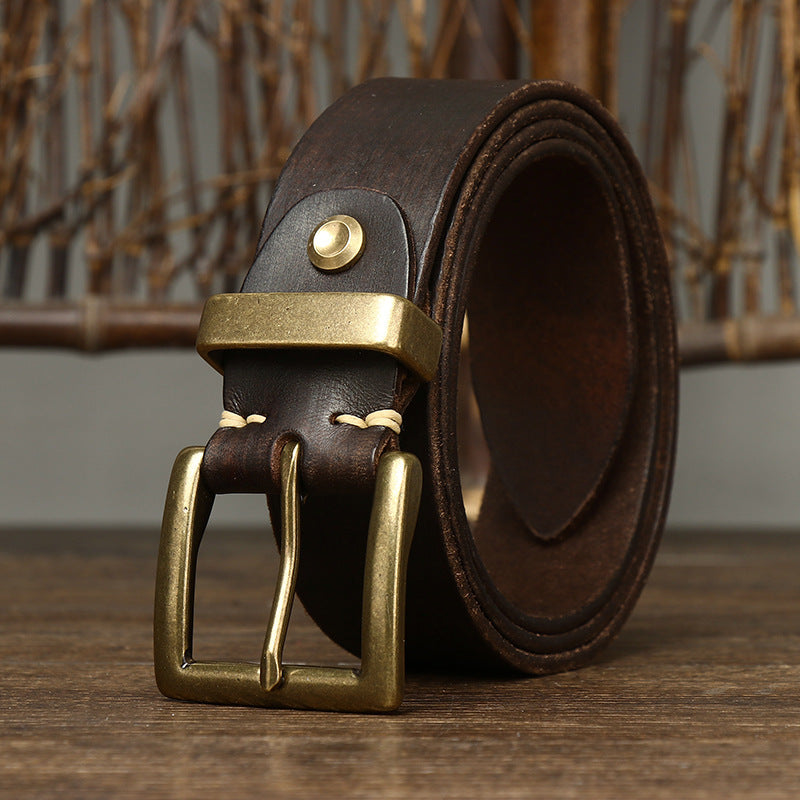 Retro Style Belt Men's Genuine Cattlehide Leather Surface Brass Buckle Denim Overalls Belt - Carvan Mart