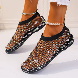 Mesh Flat Sandals With Colorful Rhinestone Summer Round Toe Beach Shoes For Women - Carvan Mart