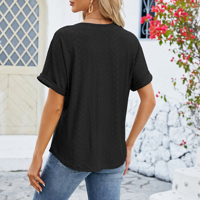 V-neck Rolled Hem Short Sleeve Top Summer Fashion Women Hollow T-shirt - Carvan Mart