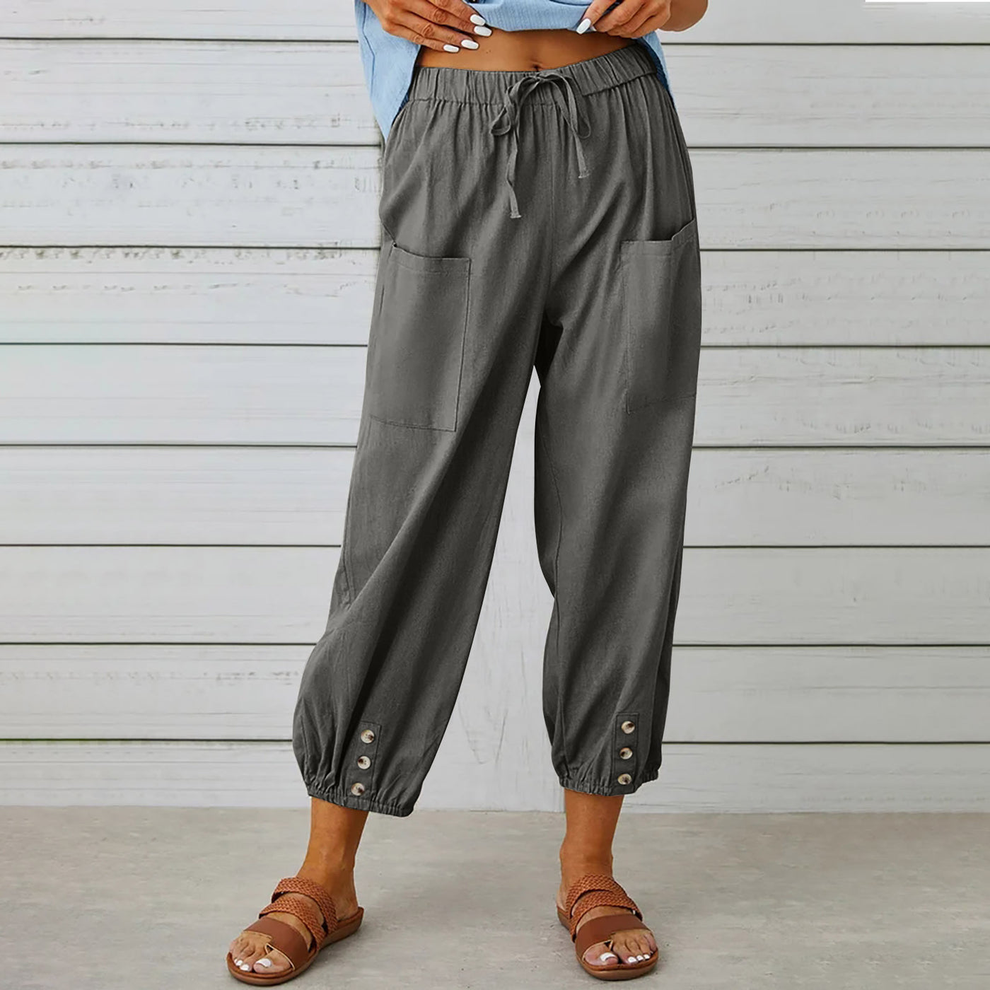 Women's Drawstring Tie Pants Cotton And Linen Trousers - Dark Gray - Pants & Capris - Carvan Mart