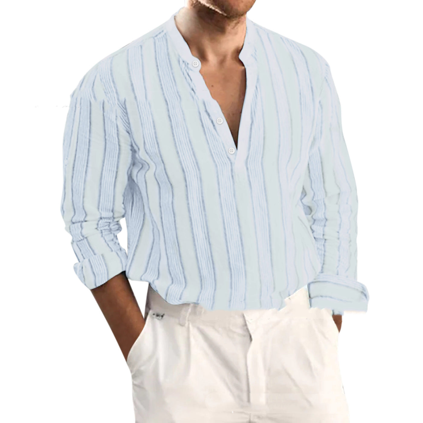 Sophisticated Striped Shirt Men's Long Sleeve Stand Collar Loose Shirt - Carvan Mart