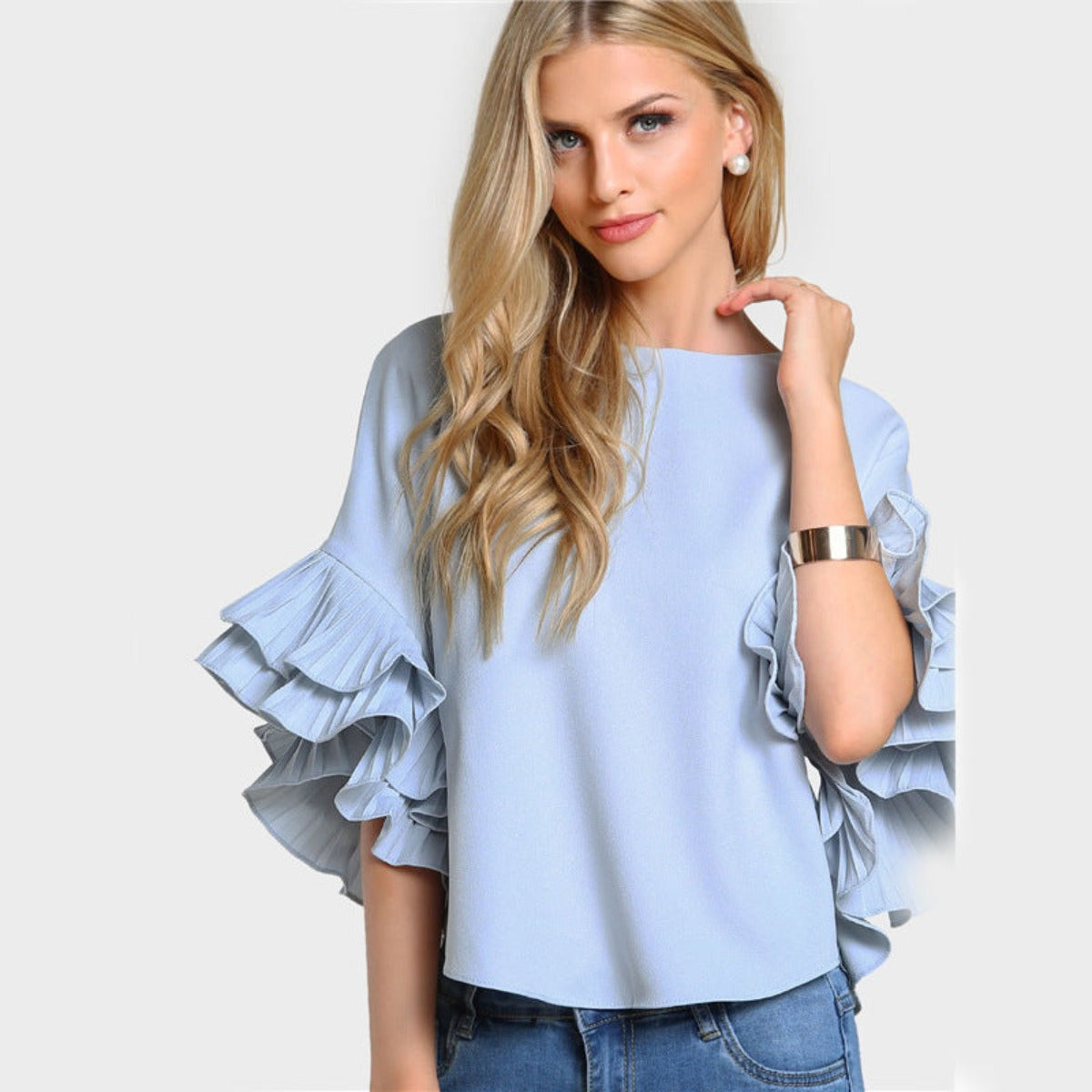 Layered Ruffle Blouses Double Layer Bell Sleeve Short Chic T-shirt - Light Blue - Winter Tops - Carvan Mart